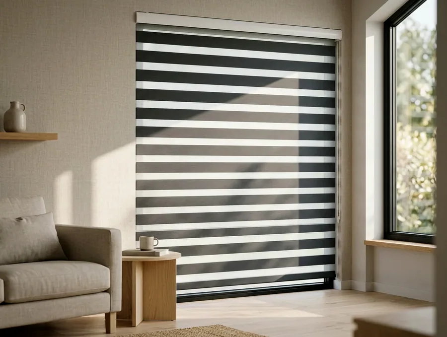 Day/night blind with alternating sheer and blockout bands across a living-room window in a Kyalami home
