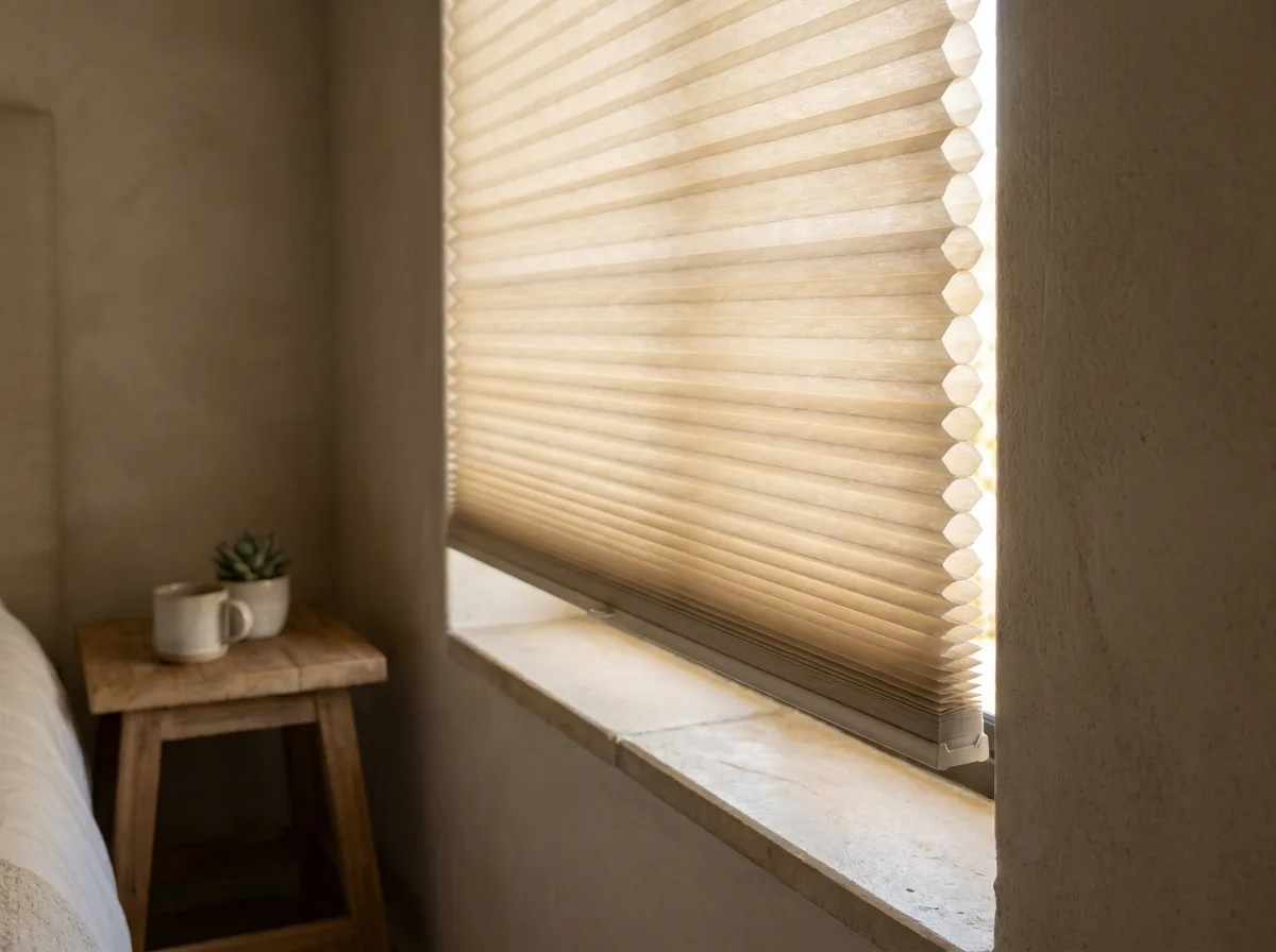 Close view of a cellular honeycomb blind inside a bedroom window reveal, showing the rows of hexagonal air cells in the fabric with morning light passing through them