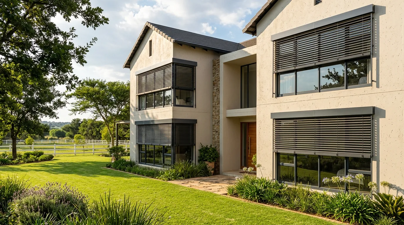 External venetian blinds mounted outside the glass on the west facade of a plastered double-storey estate home near Kyalami, aluminium slats tilted in their guide rails casting striped shade on the windows, paddock fencing beyond