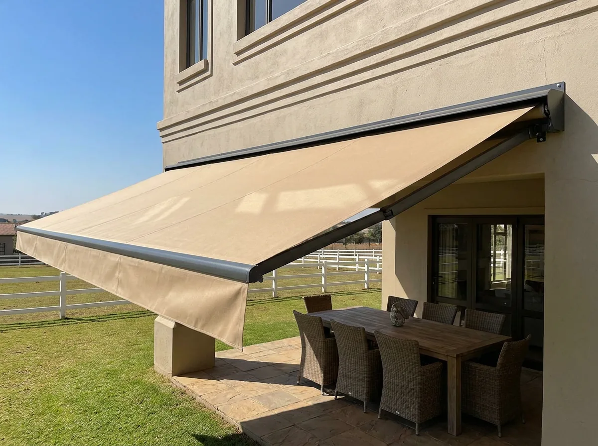 Folding-arm awning extended over a paved stoep at a Kyalami estate home, flat sand-coloured canvas canopy carried on two articulated arms with no ground posts, its slim cassette housing bolted to the wall above, paddock fencing beyond