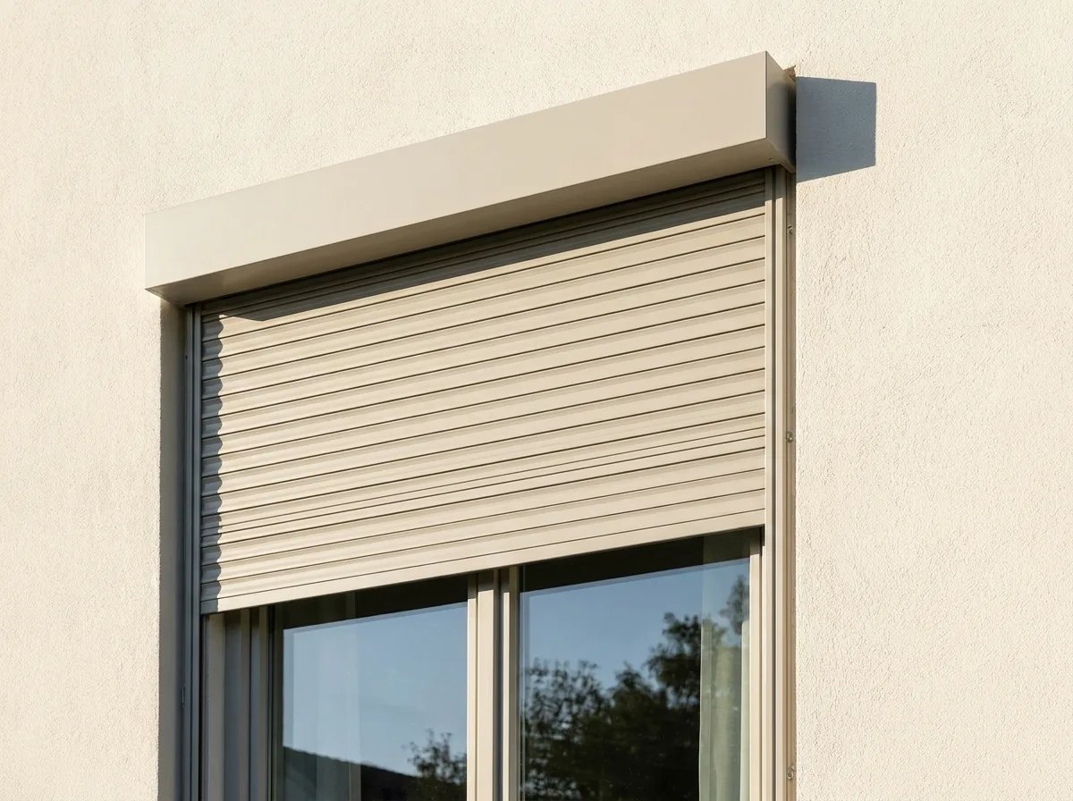 External aluminium roller shutter half lowered over a window on a plastered wall, rigid interlocking horizontal slats running down from a square headbox into vertical side guide rails