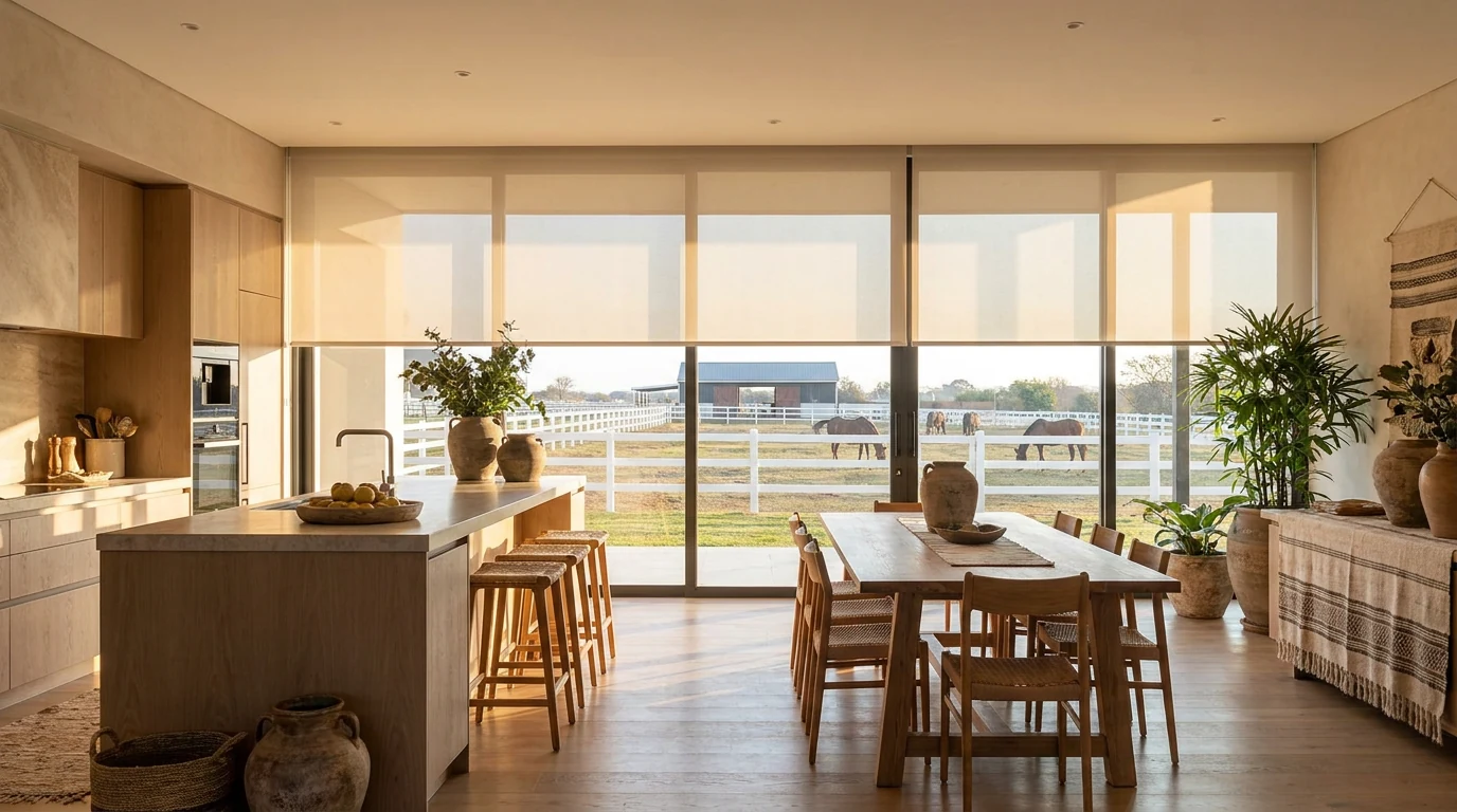 Open-plan kitchen and dining area in a Kyalami estate home with a sunscreen roller blind part-lowered over sliding glass doors, paddock fencing visible beyond