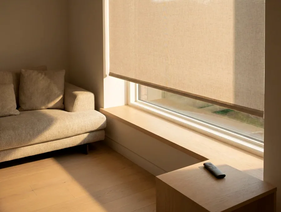 Motorised roller blind lowered over a window with its remote resting on the side table in a Kyalami home