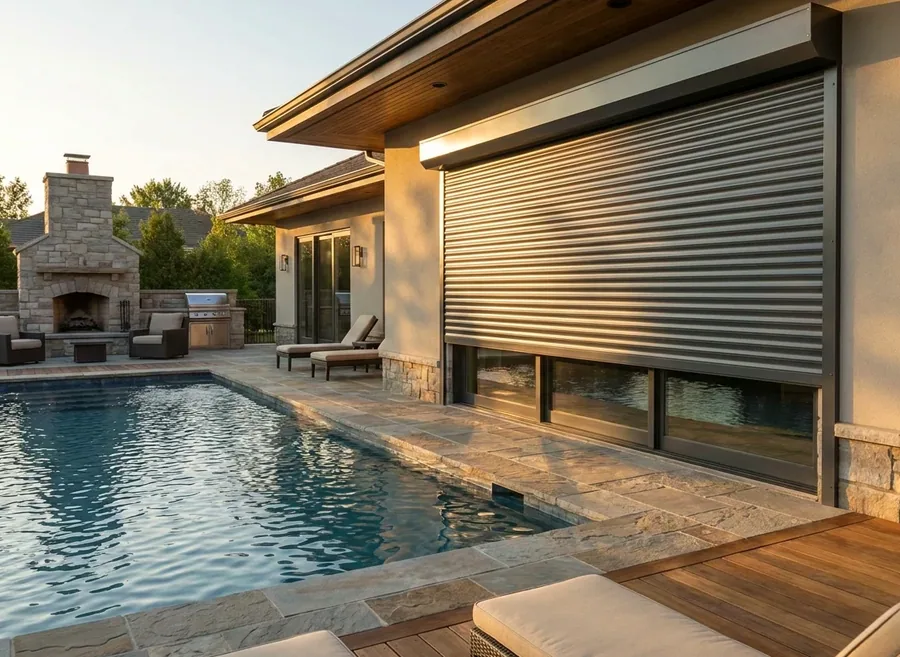 External aluminium roller shutter rolled down over a poolside window on a Kyalami estate home