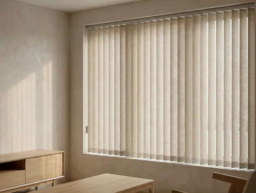 Vertical blind with hanging linen-look vanes across a wide corner window in a Kyalami home