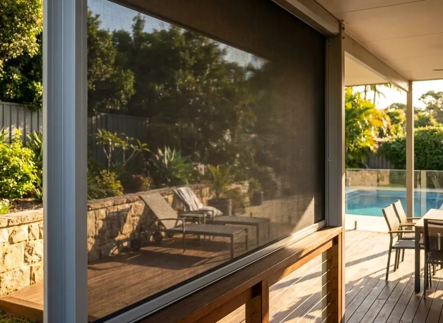 Zip screen of taut mesh running in side channels across a covered patio opening near Kyalami